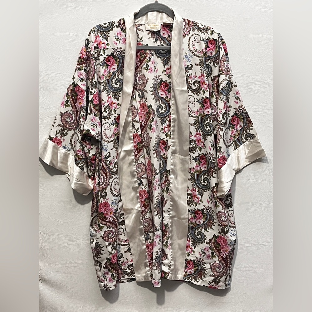 Vintage Gold Label Victoria's Secret Floral Paisley Satin-Trim Kimono Robe